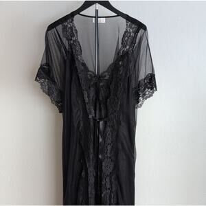 Roaman's Black Lace Mesh Nightgown & Lightweight 100% Nylon Tie Robe 2X Plus